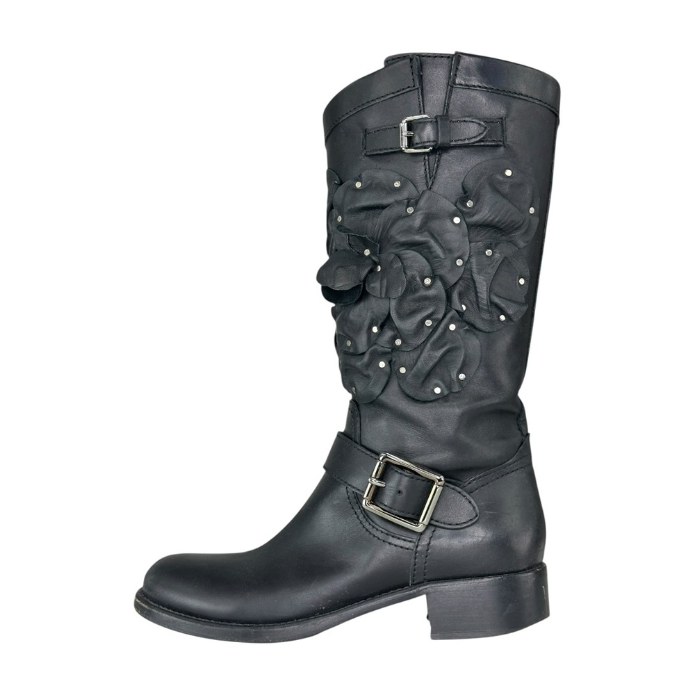 Valentino Black Studded Floral Applique Biker Boots Size 38